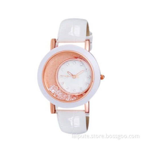 Lady's Crystal & Beads Decorated Analog Jewelry Decoration Watch with Faux Leather Strap (White)